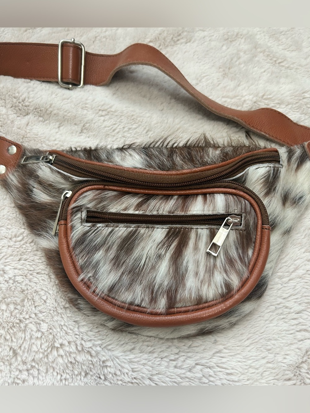 Faux Fur Brown Leather-Trim Belt Bag